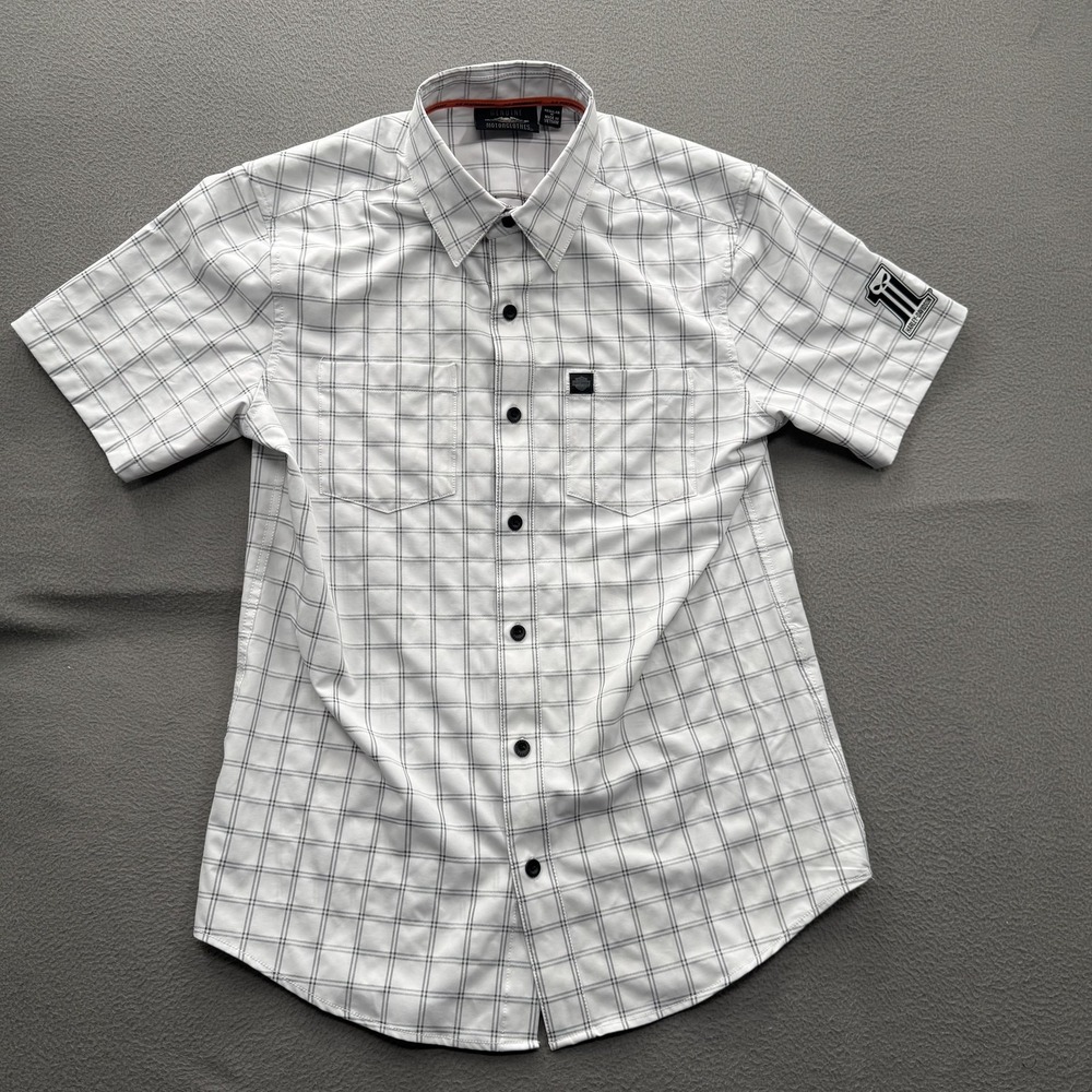 Harley-Davidson Shirt Mens Medium White Plaid Short Sleeve Button Up Casual